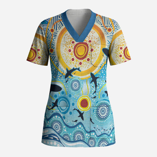 World Ocean Day Aboriginal Arts Indigenous Scrub Top Dancing Under Moonlight