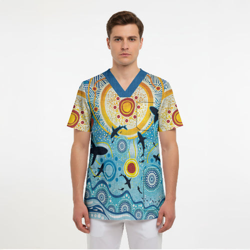 World Ocean Day Aboriginal Arts Indigenous Scrub Top Dancing Under Moonlight