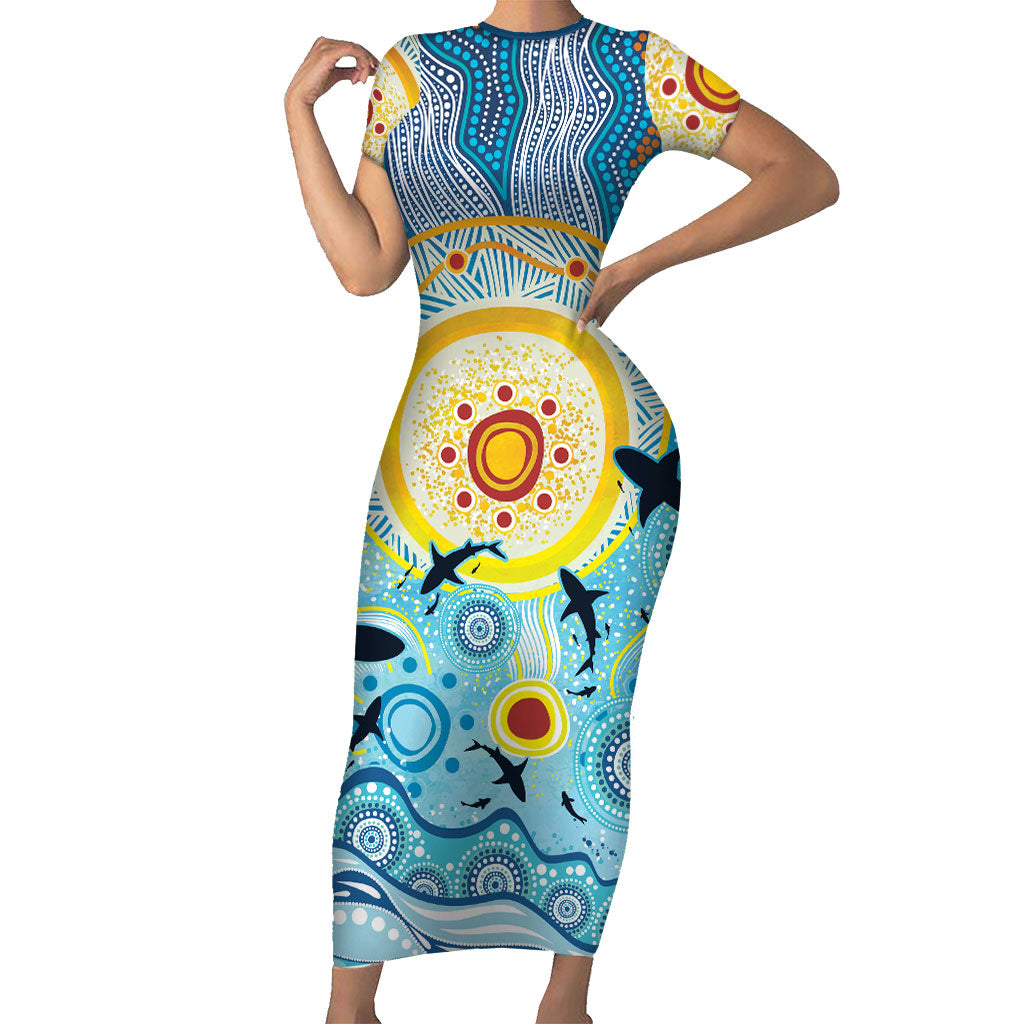 World Ocean Day Aboriginal Arts Indigenous Short Sleeve Bodycon Dress Dancing Under Moonlight