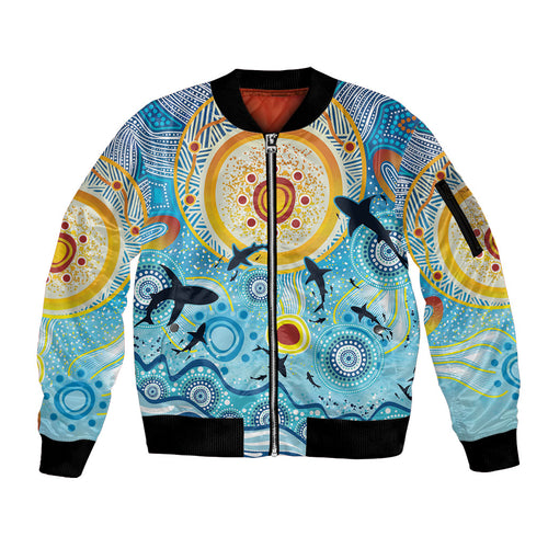 World Ocean Day Aboriginal Arts Indigenous Sleeve Zip Bomber Jacket Dancing Under Moonlight