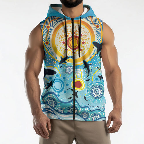 World Ocean Day Aboriginal Arts Indigenous Sleeveless Zip Hoodie Dancing Under Moonlight