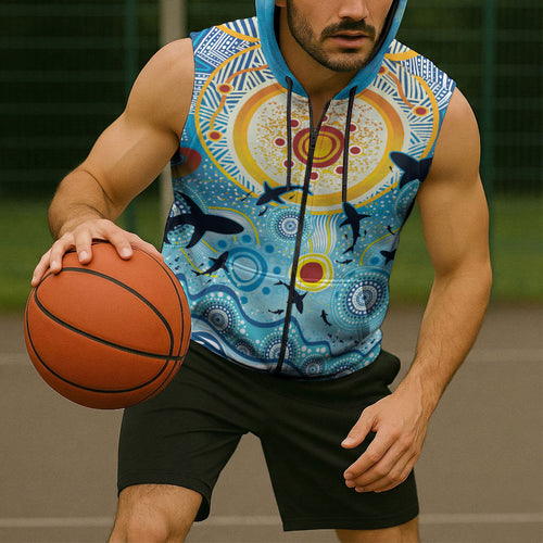 World Ocean Day Aboriginal Arts Indigenous Sleeveless Zip Hoodie Dancing Under Moonlight