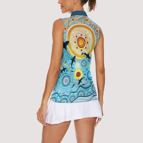 World Ocean Day Aboriginal Arts Indigenous Women Sleeveless Polo Shirt Dancing Under Moonlight