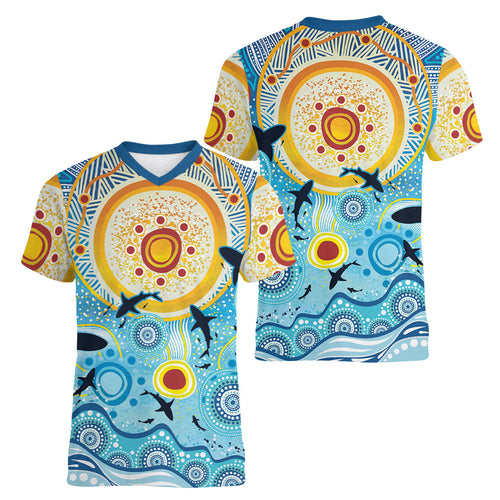 World Ocean Day Aboriginal Arts Indigenous Women V-Neck T-Shirt Dancing Under Moonlight