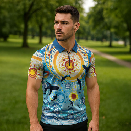 World Ocean Day Aboriginal Arts Indigenous Zipper Polo Shirt Dancing Under Moonlight