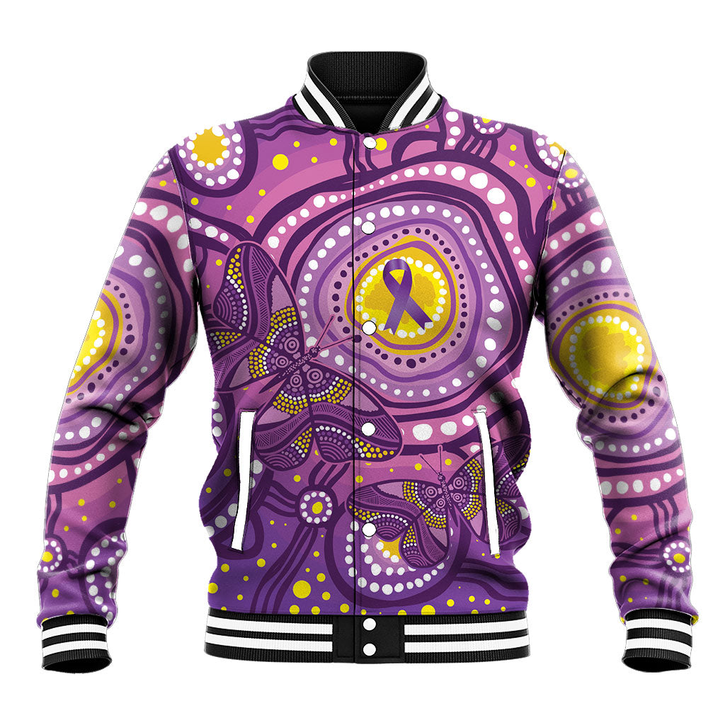 Australia Indigenous World Cancer Day Purple Aboriginal Baseball Jacket Butterfly Ribbon