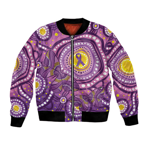 Australia Indigenous World Cancer Day Purple Aboriginal Bomber Jacket Butterfly Ribbon