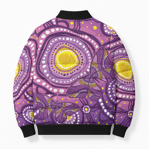 Australia Indigenous World Cancer Day Purple Aboriginal Bomber Puffer Jacket Butterfly Ribbon