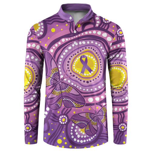 Australia Indigenous World Cancer Day Purple Aboriginal Button Sweatshirt Butterfly Ribbon