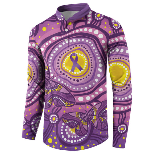 Australia Indigenous World Cancer Day Purple Aboriginal Button Sweatshirt Butterfly Ribbon