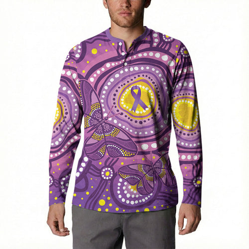 Australia Indigenous World Cancer Day Purple Aboriginal Button Sweatshirt Butterfly Ribbon