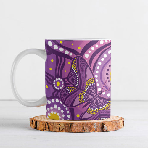 Australia Indigenous World Cancer Day Purple Aboriginal Ceramic Mug Butterfly Ribbon