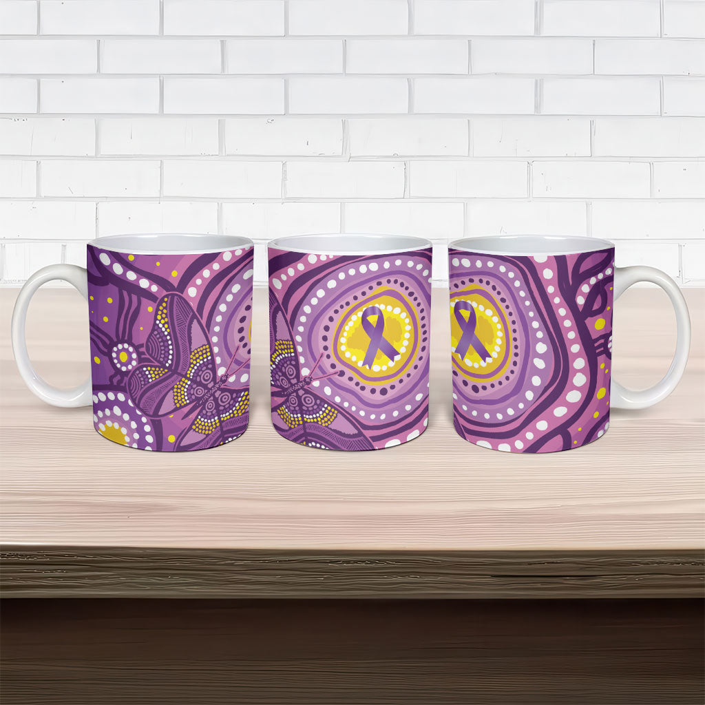 Australia Indigenous World Cancer Day Purple Aboriginal Ceramic Mug Butterfly Ribbon