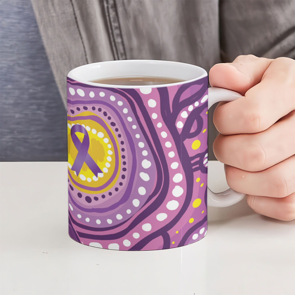 Australia Indigenous World Cancer Day Purple Aboriginal Ceramic Mug Butterfly Ribbon