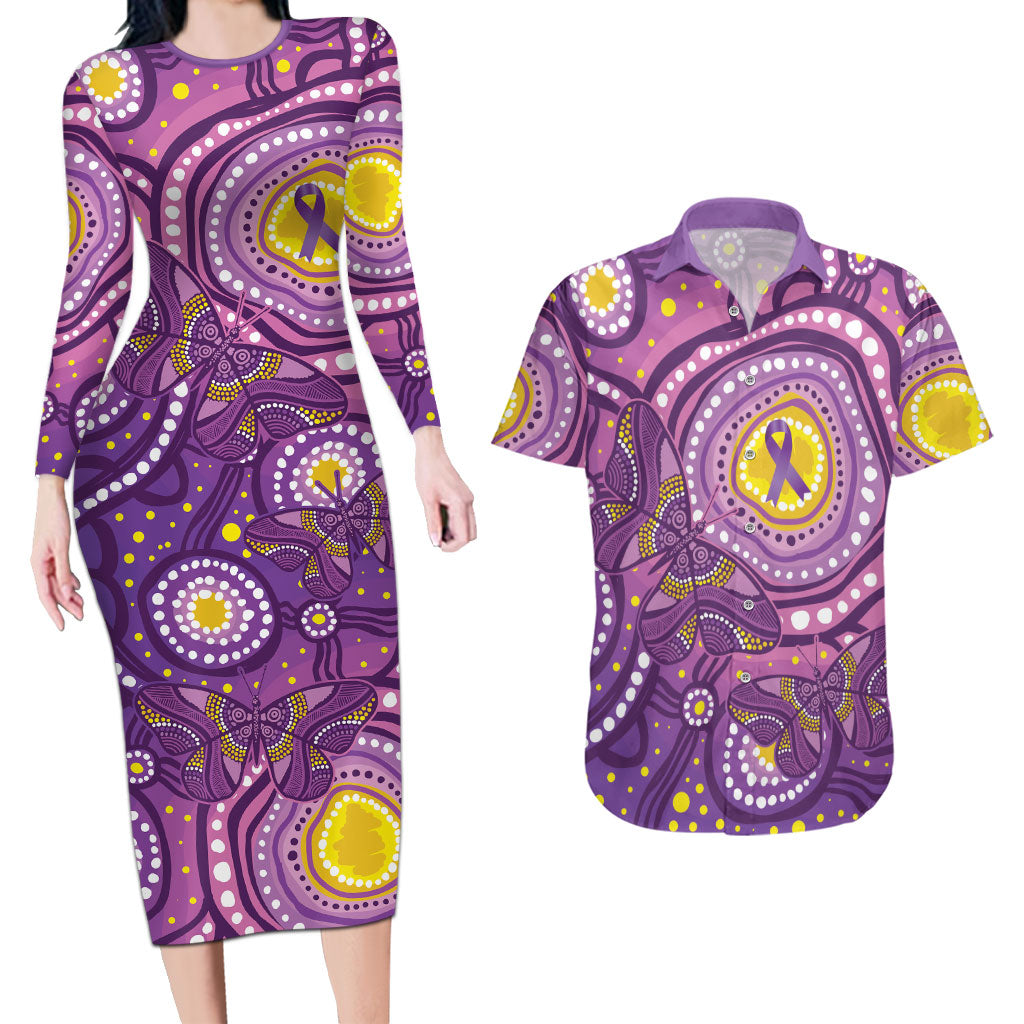 Australia Indigenous World Cancer Day Purple Aboriginal Couples Matching Long Sleeve Bodycon Dress and Hawaiian Shirt Butterfly Ribbon