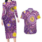 Australia Indigenous World Cancer Day Purple Aboriginal Couples Matching Long Sleeve Bodycon Dress and Hawaiian Shirt Butterfly Ribbon