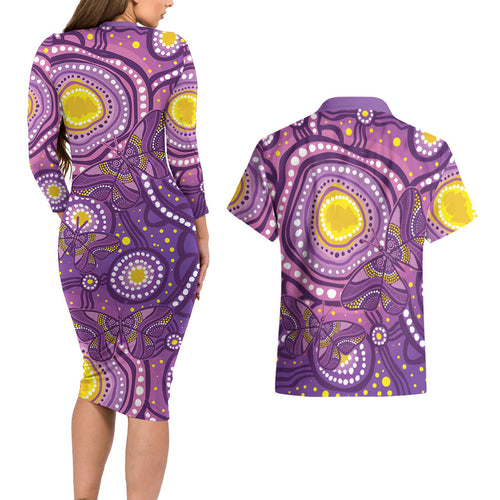 Australia Indigenous World Cancer Day Purple Aboriginal Couples Matching Long Sleeve Bodycon Dress and Hawaiian Shirt Butterfly Ribbon