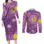 Australia Indigenous World Cancer Day Purple Aboriginal Couples Matching Long Sleeve Bodycon Dress and Long Sleeve Button Shirt Butterfly Ribbon