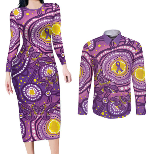 Australia Indigenous World Cancer Day Purple Aboriginal Couples Matching Long Sleeve Bodycon Dress and Long Sleeve Button Shirt Butterfly Ribbon