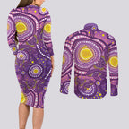 Australia Indigenous World Cancer Day Purple Aboriginal Couples Matching Long Sleeve Bodycon Dress and Long Sleeve Button Shirt Butterfly Ribbon