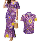 Australia Indigenous World Cancer Day Purple Aboriginal Couples Matching Mermaid Dress and Hawaiian Shirt Butterfly Ribbon