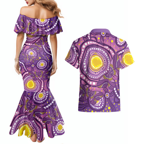 Australia Indigenous World Cancer Day Purple Aboriginal Couples Matching Mermaid Dress and Hawaiian Shirt Butterfly Ribbon
