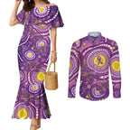 Australia Indigenous World Cancer Day Purple Aboriginal Couples Matching Mermaid Dress and Long Sleeve Button Shirt Butterfly Ribbon