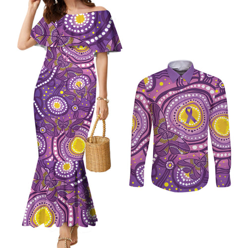 Australia Indigenous World Cancer Day Purple Aboriginal Couples Matching Mermaid Dress and Long Sleeve Button Shirt Butterfly Ribbon
