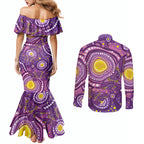 Australia Indigenous World Cancer Day Purple Aboriginal Couples Matching Mermaid Dress and Long Sleeve Button Shirt Butterfly Ribbon