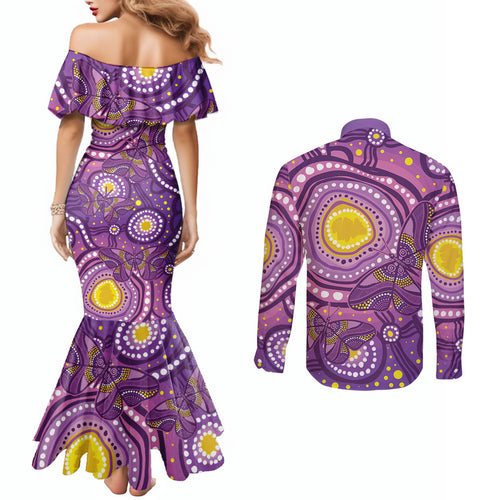 Australia Indigenous World Cancer Day Purple Aboriginal Couples Matching Mermaid Dress and Long Sleeve Button Shirt Butterfly Ribbon