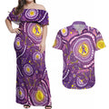 Australia Indigenous World Cancer Day Purple Aboriginal Couples Matching Off Shoulder Maxi Dress and Hawaiian Shirt Butterfly Ribbon
