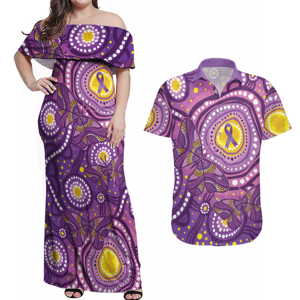 Australia Indigenous World Cancer Day Purple Aboriginal Couples Matching Off Shoulder Maxi Dress and Hawaiian Shirt Butterfly Ribbon