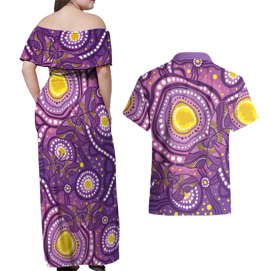 Australia Indigenous World Cancer Day Purple Aboriginal Couples Matching Off Shoulder Maxi Dress and Hawaiian Shirt Butterfly Ribbon
