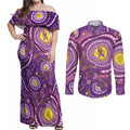 Australia Indigenous World Cancer Day Purple Aboriginal Couples Matching Off Shoulder Maxi Dress and Long Sleeve Button Shirt Butterfly Ribbon
