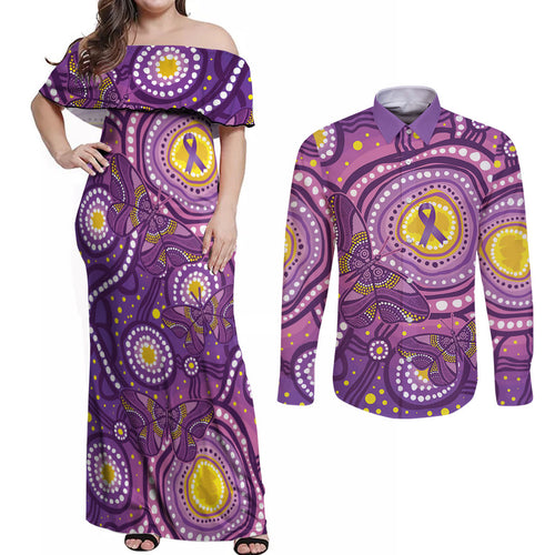 Australia Indigenous World Cancer Day Purple Aboriginal Couples Matching Off Shoulder Maxi Dress and Long Sleeve Button Shirt Butterfly Ribbon