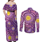 Australia Indigenous World Cancer Day Purple Aboriginal Couples Matching Off Shoulder Maxi Dress and Long Sleeve Button Shirt Butterfly Ribbon