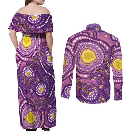 Australia Indigenous World Cancer Day Purple Aboriginal Couples Matching Off Shoulder Maxi Dress and Long Sleeve Button Shirt Butterfly Ribbon