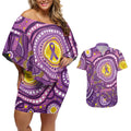 Australia Indigenous World Cancer Day Purple Aboriginal Couples Matching Off Shoulder Short Dress and Hawaiian Shirt Butterfly Ribbon