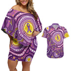 Australia Indigenous World Cancer Day Purple Aboriginal Couples Matching Off Shoulder Short Dress and Hawaiian Shirt Butterfly Ribbon