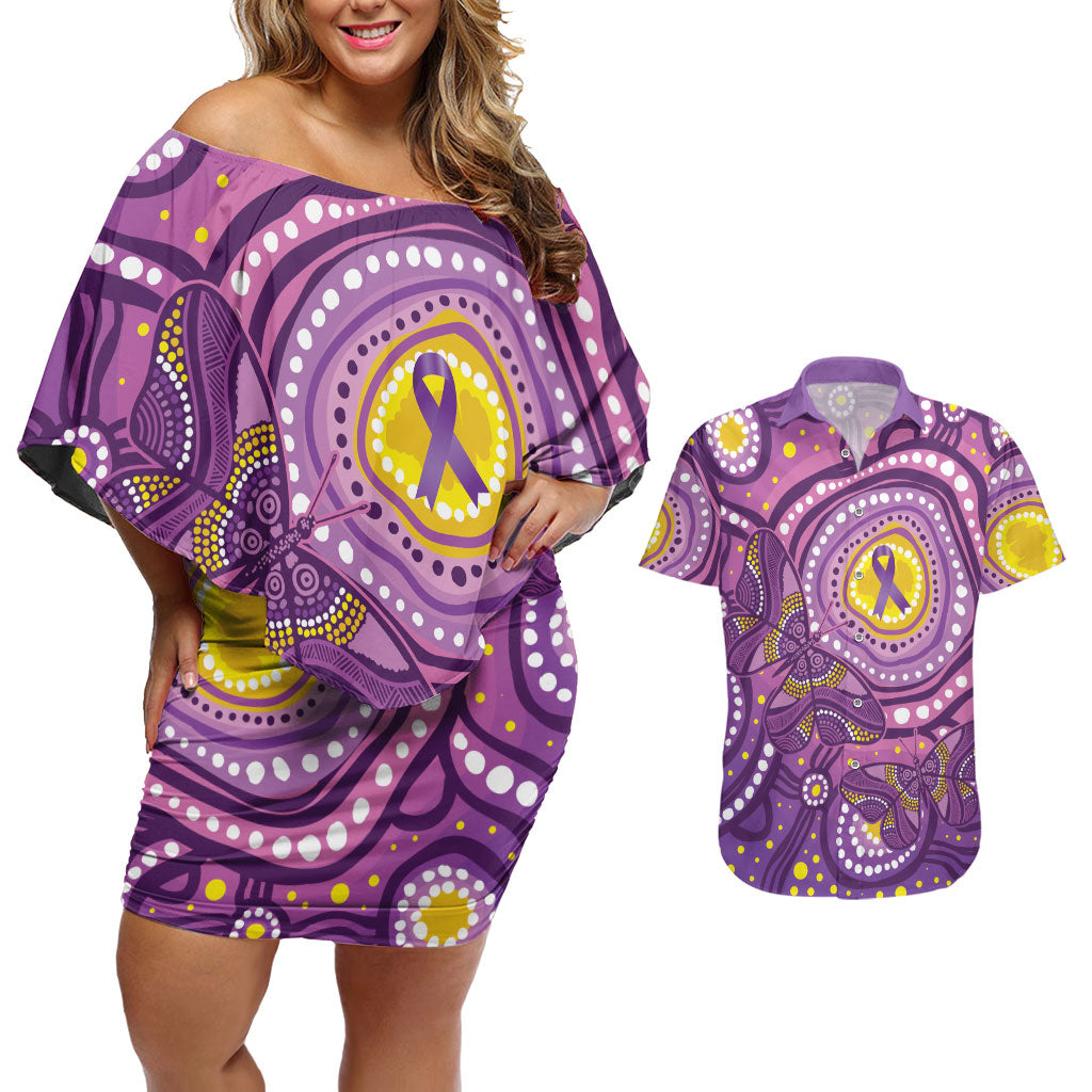 Australia Indigenous World Cancer Day Purple Aboriginal Couples Matching Off Shoulder Short Dress and Hawaiian Shirt Butterfly Ribbon