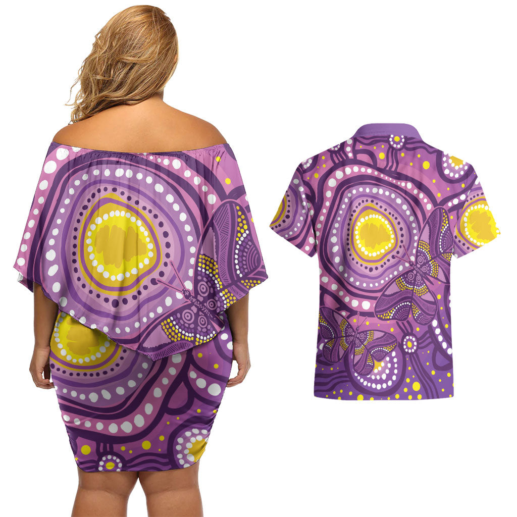 Australia Indigenous World Cancer Day Purple Aboriginal Couples Matching Off Shoulder Short Dress and Hawaiian Shirt Butterfly Ribbon