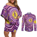 Australia Indigenous World Cancer Day Purple Aboriginal Couples Matching Off Shoulder Short Dress and Long Sleeve Button Shirt Butterfly Ribbon