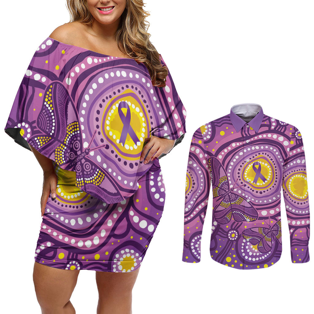 Australia Indigenous World Cancer Day Purple Aboriginal Couples Matching Off Shoulder Short Dress and Long Sleeve Button Shirt Butterfly Ribbon