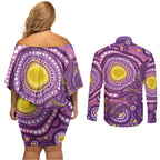 Australia Indigenous World Cancer Day Purple Aboriginal Couples Matching Off Shoulder Short Dress and Long Sleeve Button Shirt Butterfly Ribbon