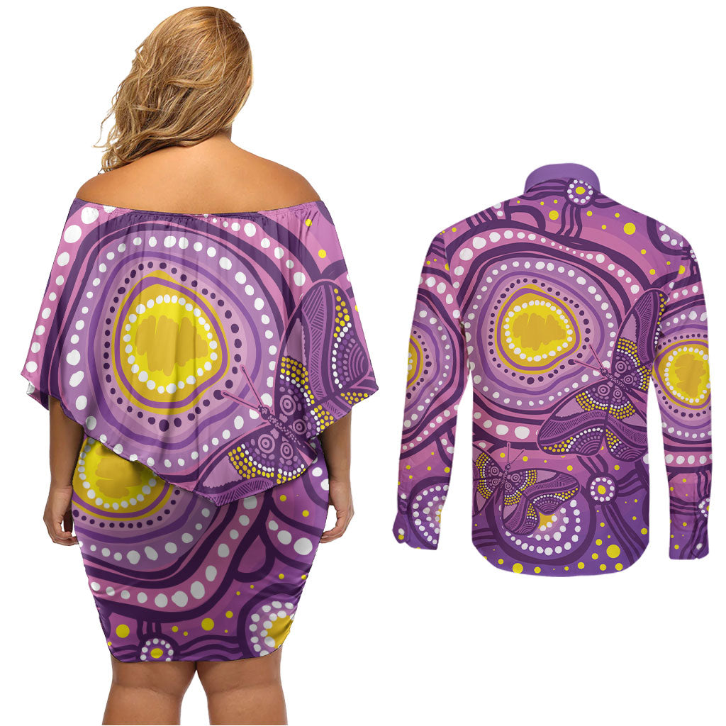 Australia Indigenous World Cancer Day Purple Aboriginal Couples Matching Off Shoulder Short Dress and Long Sleeve Button Shirt Butterfly Ribbon