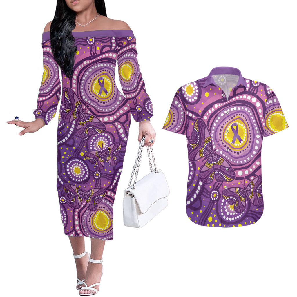 Australia Indigenous World Cancer Day Purple Aboriginal Couples Matching Off The Shoulder Long Sleeve Dress and Hawaiian Shirt Butterfly Ribbon