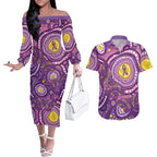 Australia Indigenous World Cancer Day Purple Aboriginal Couples Matching Off The Shoulder Long Sleeve Dress and Hawaiian Shirt Butterfly Ribbon