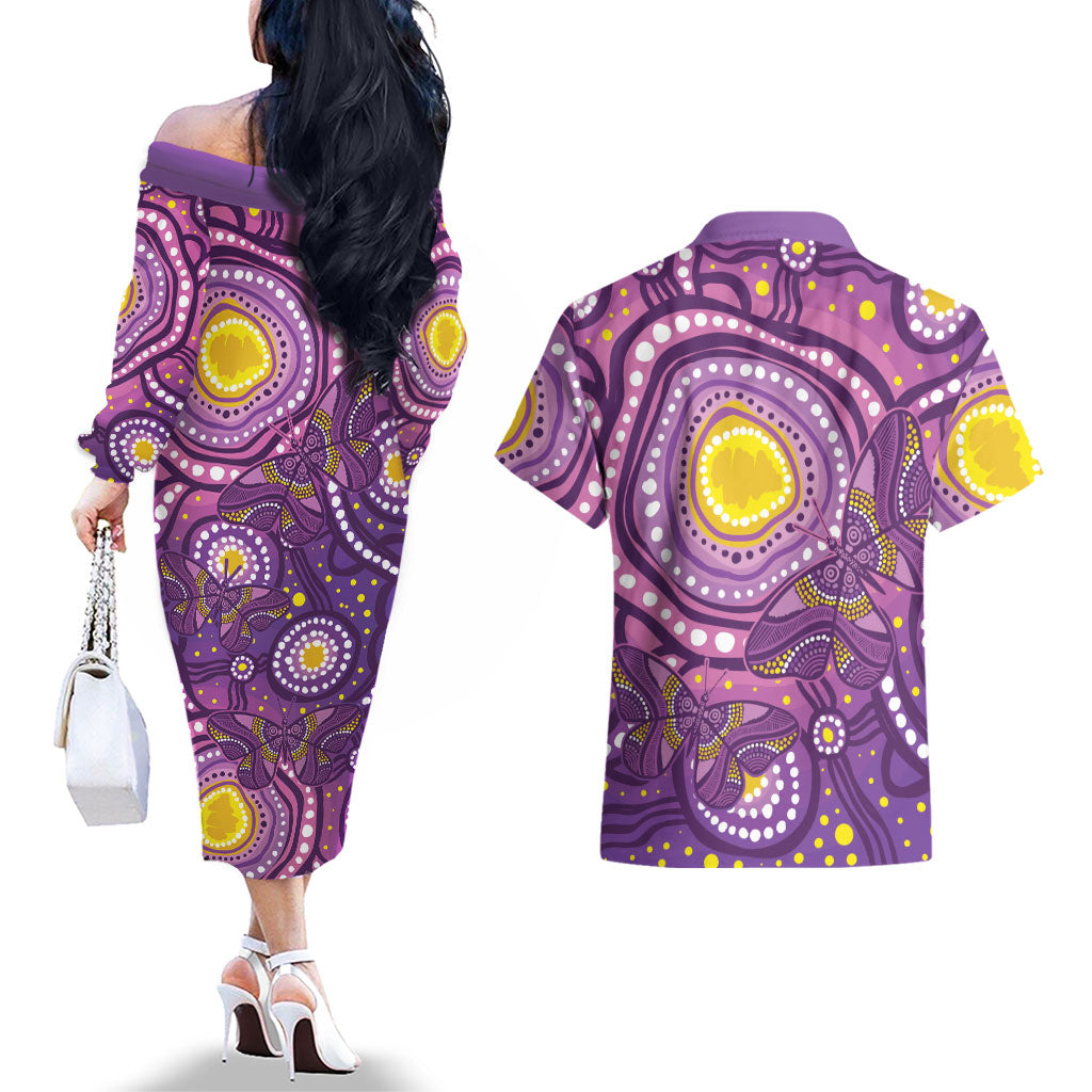 Australia Indigenous World Cancer Day Purple Aboriginal Couples Matching Off The Shoulder Long Sleeve Dress and Hawaiian Shirt Butterfly Ribbon