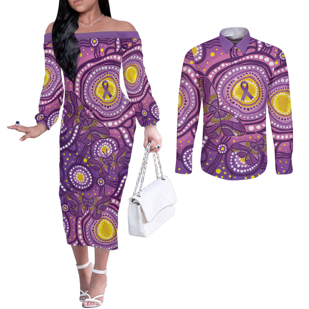 Australia Indigenous World Cancer Day Purple Aboriginal Couples Matching Off The Shoulder Long Sleeve Dress and Long Sleeve Button Shirt Butterfly Ribbon