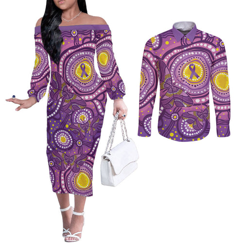 Australia Indigenous World Cancer Day Purple Aboriginal Couples Matching Off The Shoulder Long Sleeve Dress and Long Sleeve Button Shirt Butterfly Ribbon